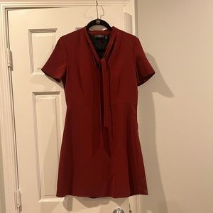 Theory Womens Burgundy Short Sleeve Comfort Tie Neck A Line Dress Size 4